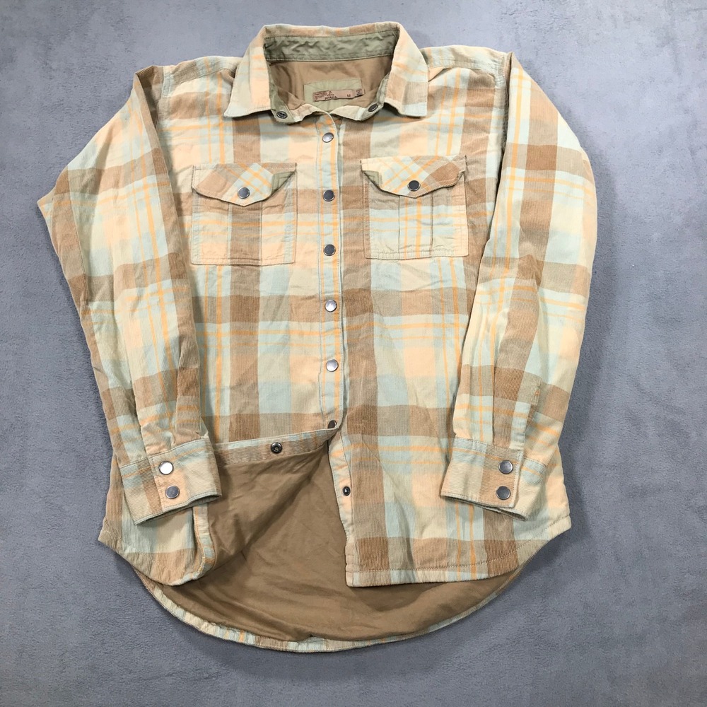 Prana Womens Organic Cotton Corduroy Plaid Snap Front Shirt Jacket M Finnegan